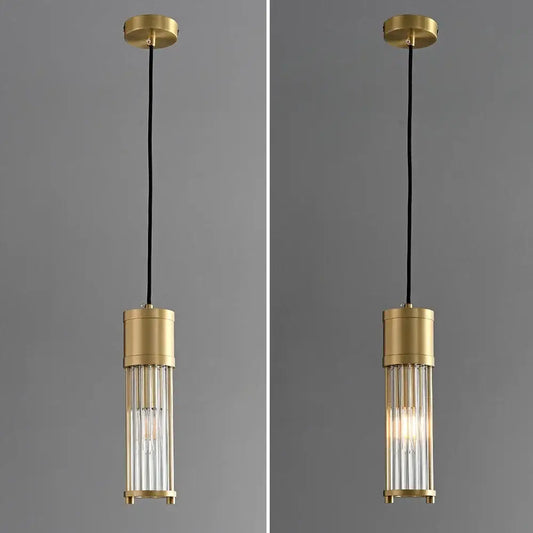 Modern gold glass shade pendant lights with cylindrical clear glass rods and black cord for kitchen island lighting