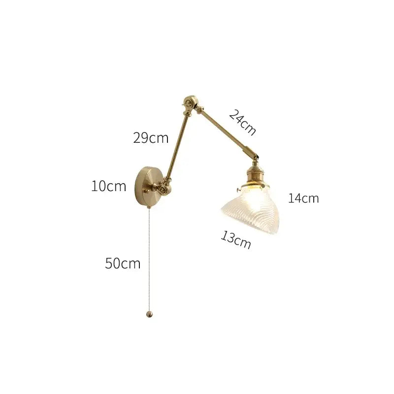 Antique brass adjustable led wall light with textured frosted glass shade and bedroom pull chain switch