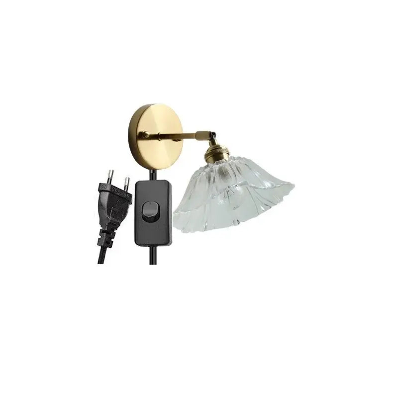 Modern gold glass shade wall light with brass finish fluted glass shade and black power cord for bedroom led wall use