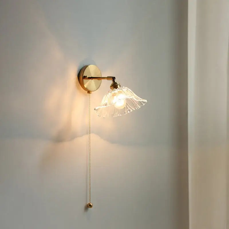 Modern gold brass wall light with clear fluted glass shade and pull chain switch for bedroom led wall lighting