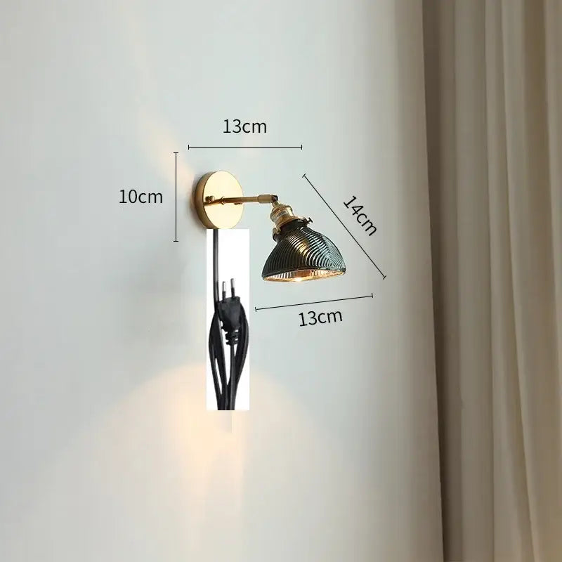 Modern gold glass shade wall light with brass mount and dark green ribbed glass shade for bedroom led wall lighting