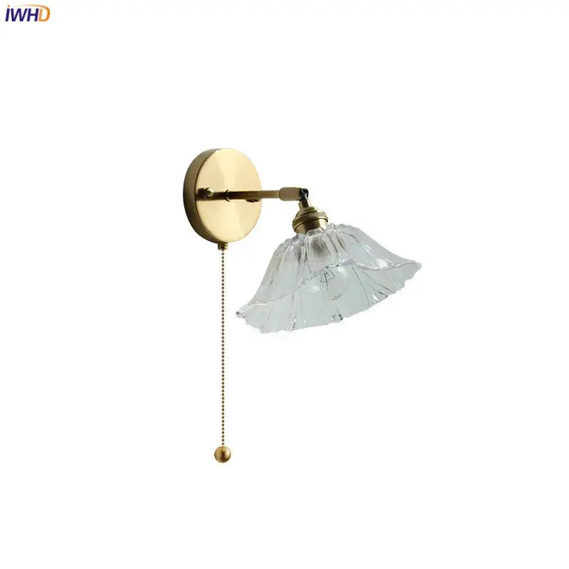 Modern gold glass shade wall light with clear fluted glass and adjustable pull chain for bedroom led wall lighting