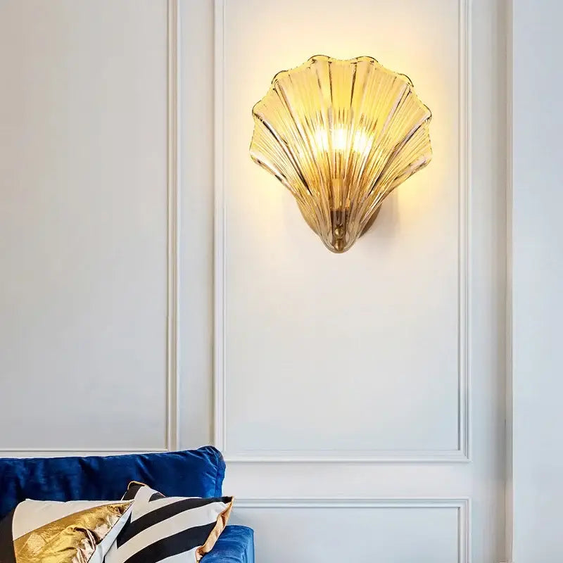 Golden translucent glass shell led wall lamp with warm glow modern gold glass wall sconce for bedroom lighting