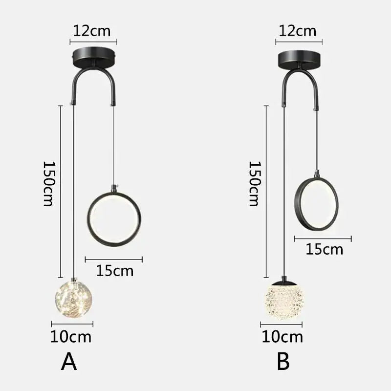 Black modern pendant lights with circular rings and textured glass globe shades for starry led pendant lighting