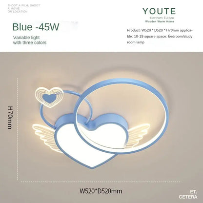 Modern gold heart shape led ceiling light with blue led wings featuring nordic decorbites heart shape design