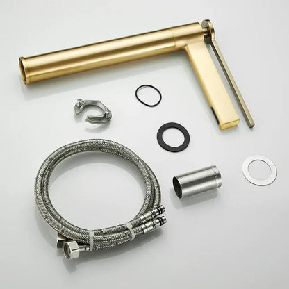 Modern gold high arc brass deck mounted basin faucet with sleek cylindrical spout and rectangular handle decorbites brass deck