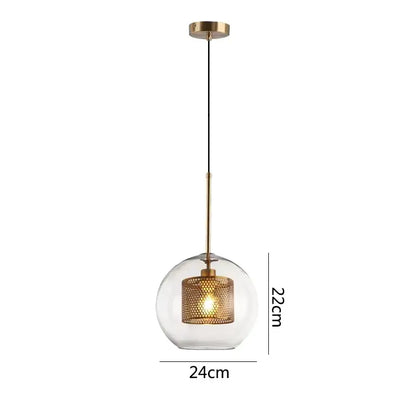 Modern gold honeycomb glass pendant lights featuring a spherical glass pendant with brass cage and rod for dining room