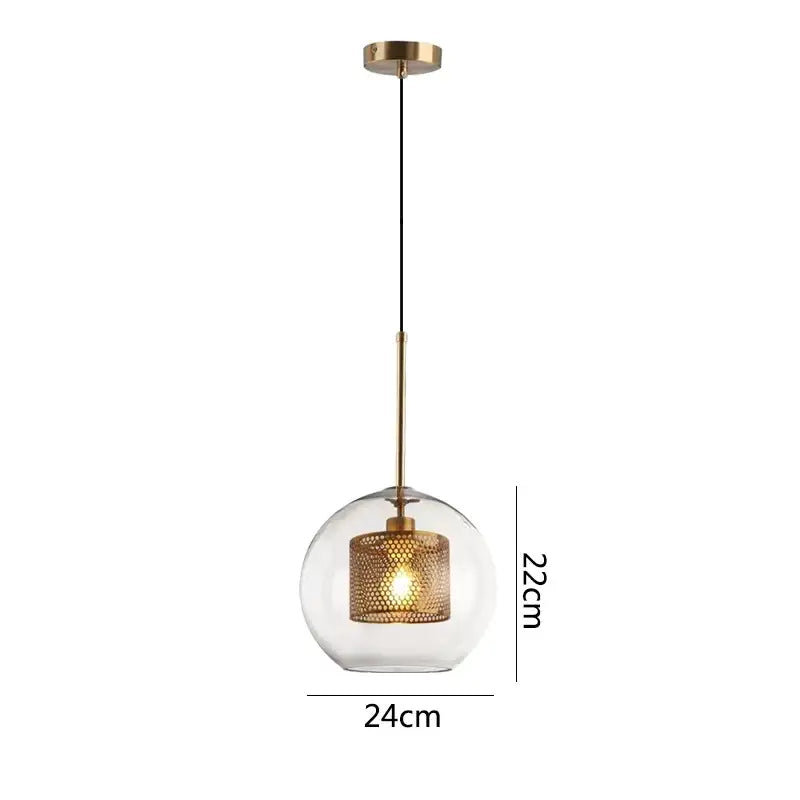 Modern gold honeycomb glass pendant lights featuring a spherical glass pendant with brass cage and rod for dining room