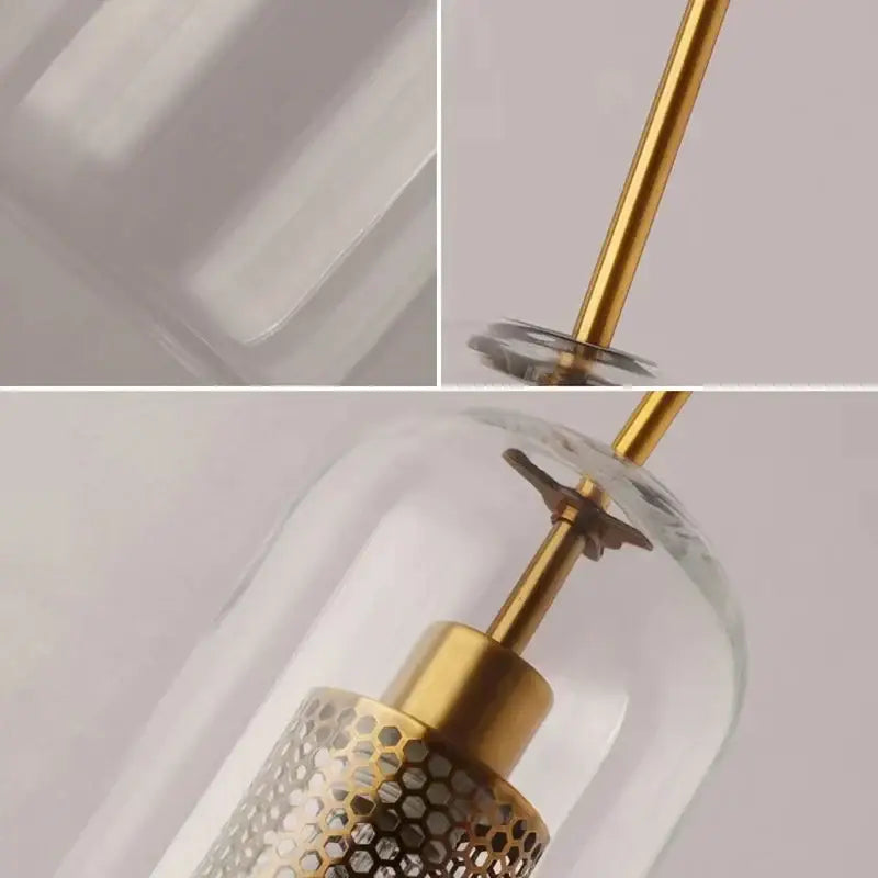 Modern gold honeycomb glass pendant light with clear glass dome and metal accents for dining room fixtures