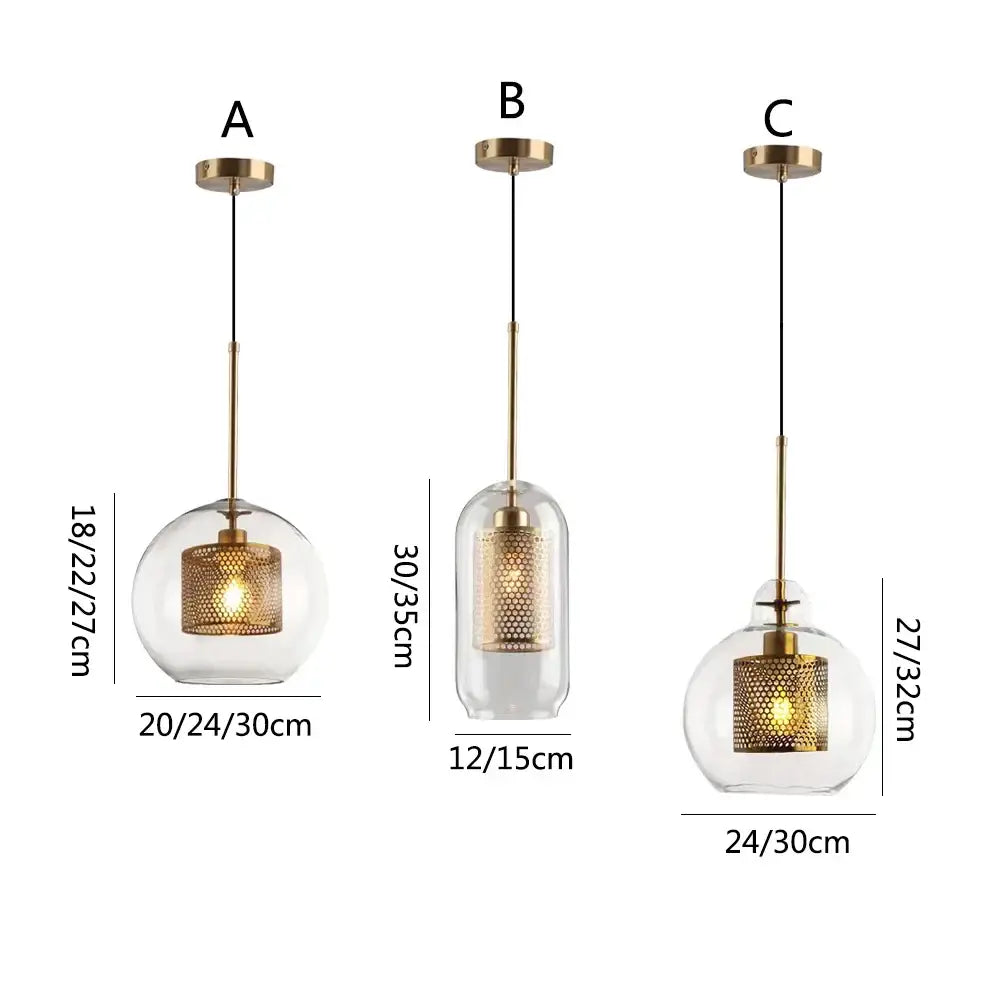 Three modern gold honeycomb glass pendant lights with perforated mesh shade for dining room fixtures
