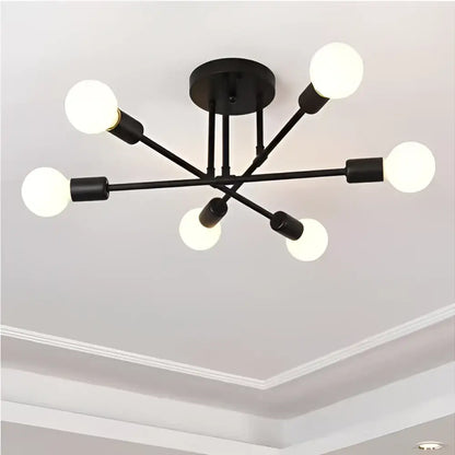 Modern gold industrial led ceiling lights featuring black metal fixture with six frosted glass globes for living room use