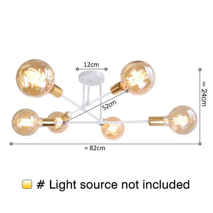 Modern white metal chandelier with six warm-toned glass globes and gold sockets ideal for led ceiling lights