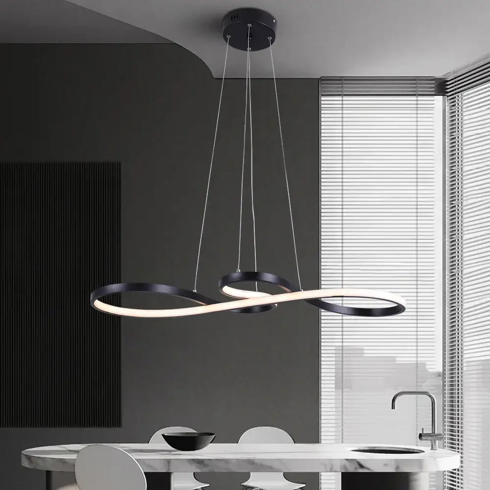 Black infinity-shaped pendant light with illuminated inner ring modern decorbites acrylic led chandelier design