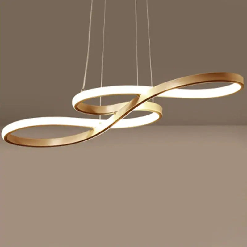 Modern gold infinity cord pendant light with sleek metal frame and illuminated white led rings for dining room use