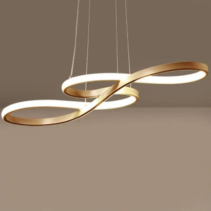 Modern gold infinity cord pendant light with sleek metal frame and illuminated white led rings for dining room use