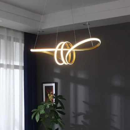 Modern gold infinity cord pendant light featuring a sleek brushed nickel spiral design for dining room illumination