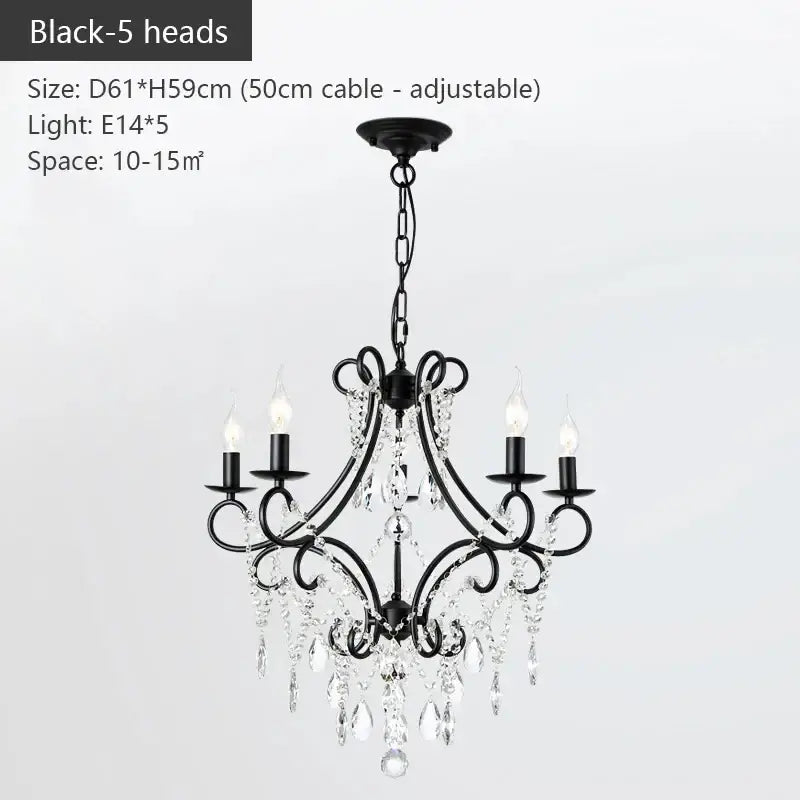 Modern black decorbites iron crystal chandelier with five candle-style lights and crystal droplets for luxury dining room decorbites iron