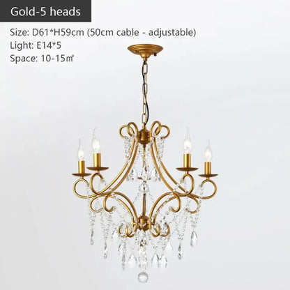 Modern gold iron crystal chandelier with five candle-style lights and dangling crystals for luxury dining room decorbites iron crystal