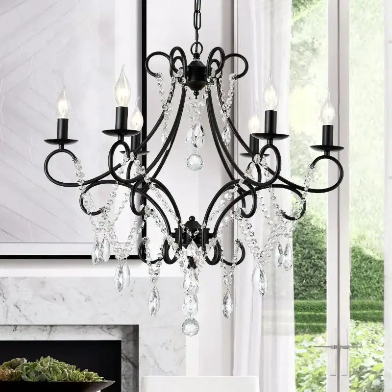 Modern gold iron crystal chandelier with black wrought iron frame and clear crystal droplets for luxury dining decorbites iron crystal
