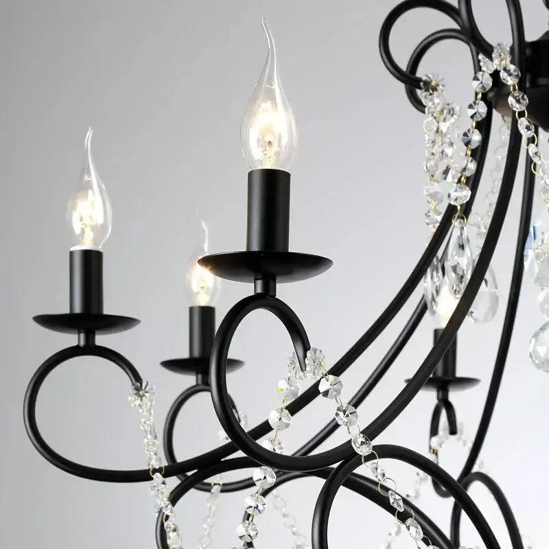Modern gold decorbites iron crystal chandelier with black wrought iron frame and candle-style bulbs for luxury dining decor