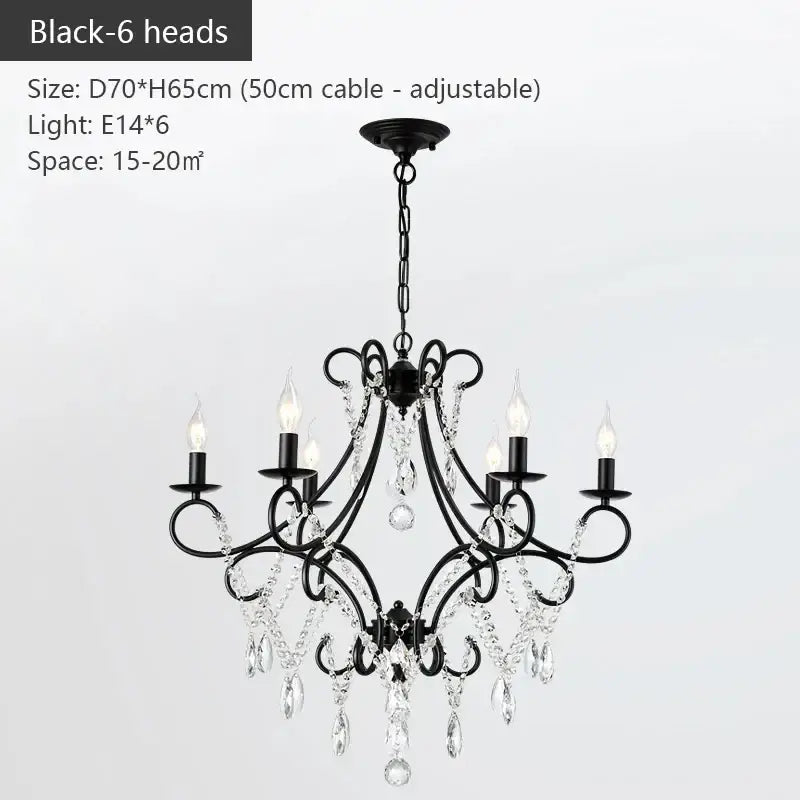 Black decorbites iron crystal chandelier with six candle-style lights and dangling crystals for luxury dining room decor