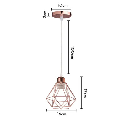 Rose gold geometric decorbites iron frame pendant light with faceted cage design and white cord for modern decor