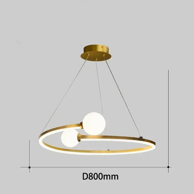 Modern gold iron led chandelier light featuring a circular pendant with two white spherical bulbs for living room decorbites iron led