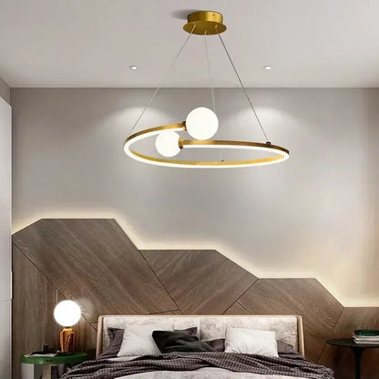 Modern gold iron led chandelier light with two white glass bulbs suspended on thin cords for living room decorbites iron led