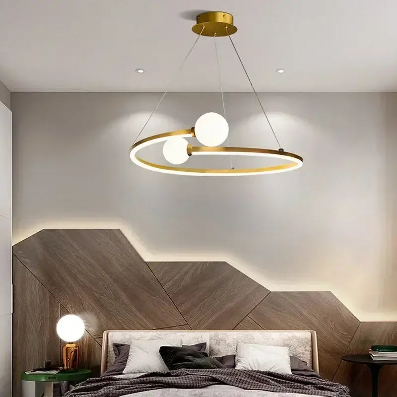 Modern gold iron led chandelier light with two white glass bulbs suspended on thin cords for living room decorbites iron led