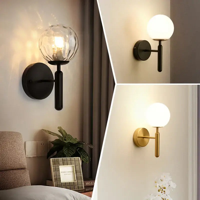 Black metal iron led sconce with textured glass globe shade modern decorbites iron led lamp for bedroom decor