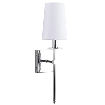 Chrome finished wall lamp with white cylindrical shade iron led wall lamp by decorbites for modern bedroom decor