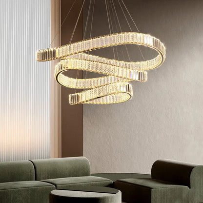 Modern gold irregular crystal led pendant chandelier with multi-tiered spiral decorbites irregular steel frame for foyer decor