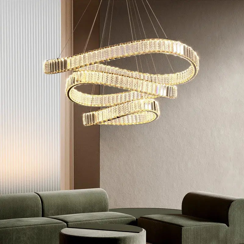 Modern gold irregular crystal led pendant chandelier with multi-tiered spiral decorbites irregular steel frame for foyer decor