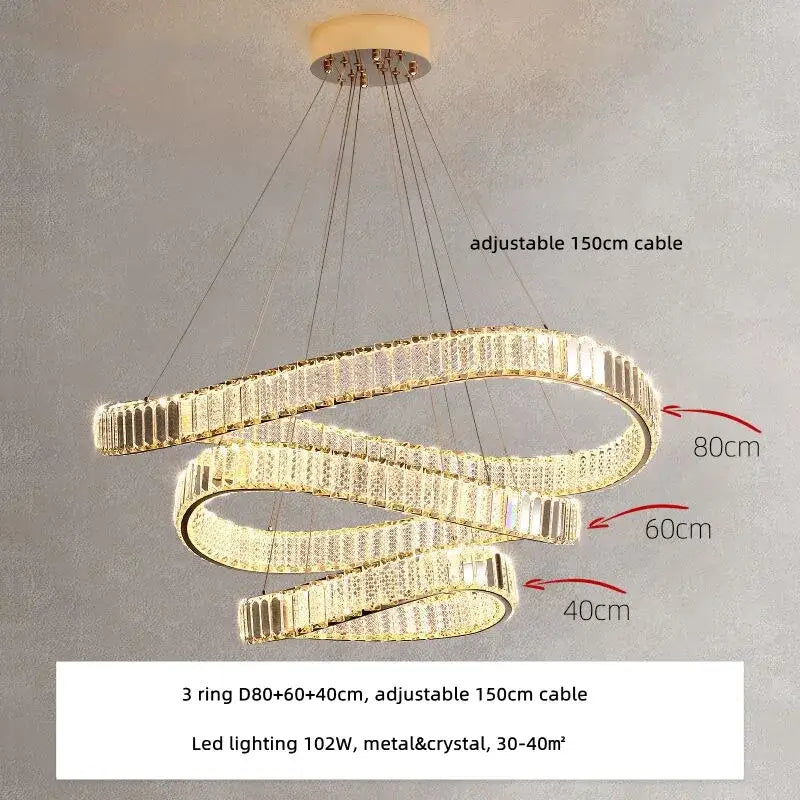 Modern gold irregular steel pendant chandelier featuring three interlocking crystal led rings for foyer decorbites decor