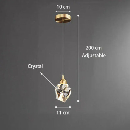 Modern gold k9 crystal linear kitchen pendant light with faceted crystal, gold-toned fixture, and adjustable chain for warm light 3200k