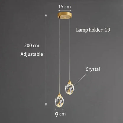 Modern gold k9 crystal linear pendant light with two faceted globes offering warm light 3200k and neutral light 4200k