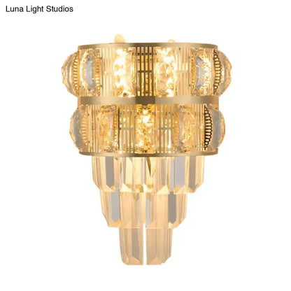 Modern gold wall lamp with clear k9 crystal tiered accents and vertical bar detailing for living room lighting type