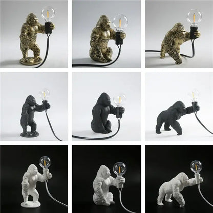 Modern gold king kong resin night light with detailed gorilla figurine holding filament bulb, decorbites king kong design