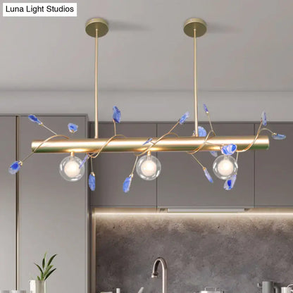 Decorbites contemporary brass ceiling light with three glass bulbs and blue crystal accents compatible with 110v-120v 220v-240v