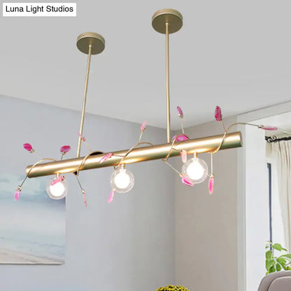 Decorbites™ contemporary 3-light ceiling pendant with gold-toned frame, pink crystal accents, and spherical glass bulbs for 110v-120v and 220v-240v