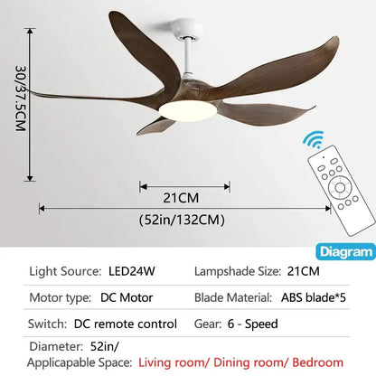 Modern gold leaf ceiling fan with five dark brown abs blades white housing integrated led light and remote control for bedroom