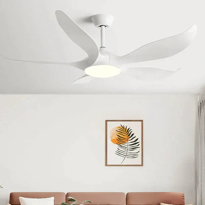 White ceiling fan with sleek modern blades and integrated led light with remote control for bedroom use