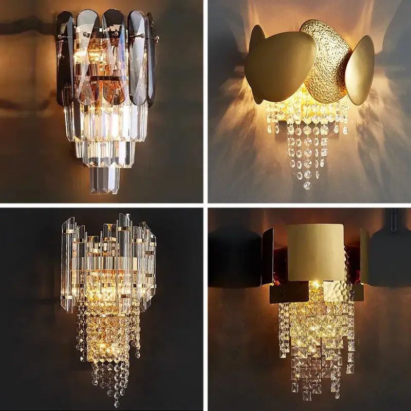 Modern gold leaf crystal wall lamp with textured leaf accents and dangling beads for elegant bedroom lighting decorbites crystal wall