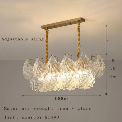 Modern gold leaf decorbites crystal glass chandelier with gold wrought iron frame and shell shades for dining room light