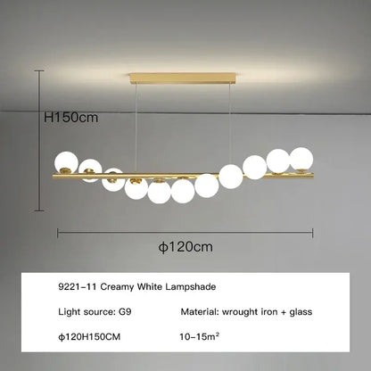 Modern gold led ceiling chandeliers with a sleek wrought iron frame and creamy white glass globe shades for dining rooms