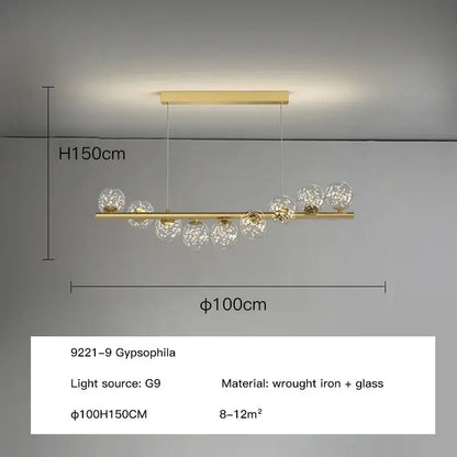 Modern gold led ceiling chandeliers with sleek wrought iron bar and clear glass globe pendants for dining room lighting