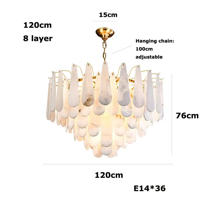 Modern gold led dimmable chandelier with 8 layers of white and gray marble teardrop shades for dining room use