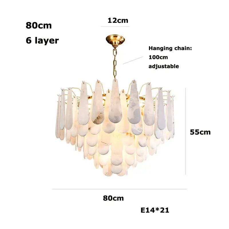 A six-layer modern gold led dimmable chandelier with marble teardrop shades for dining room lighting