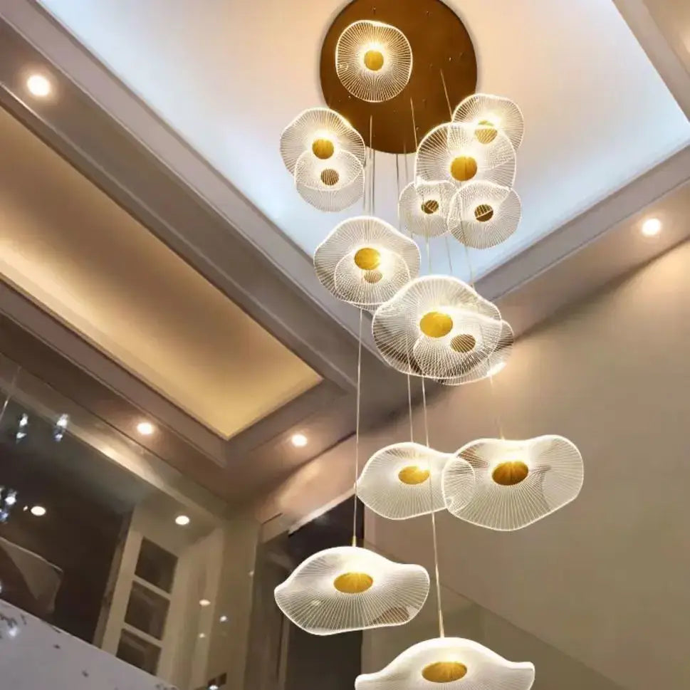 Modern decorbites gold led lotus chandelier with white petal lights and bronze mount for staircase and dining room decor