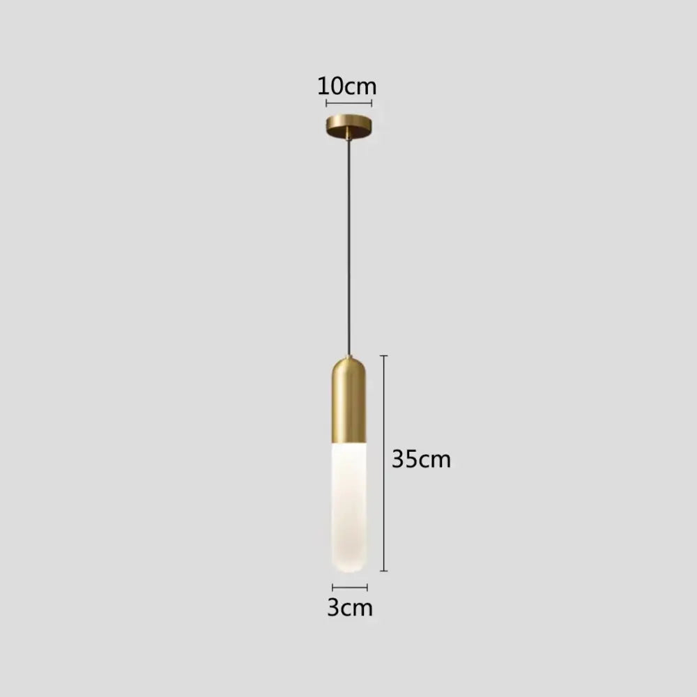 Modern gold led pendant lamp with frosted glass cylinder and gold-toned metal top for bedroom and kitchen lighting